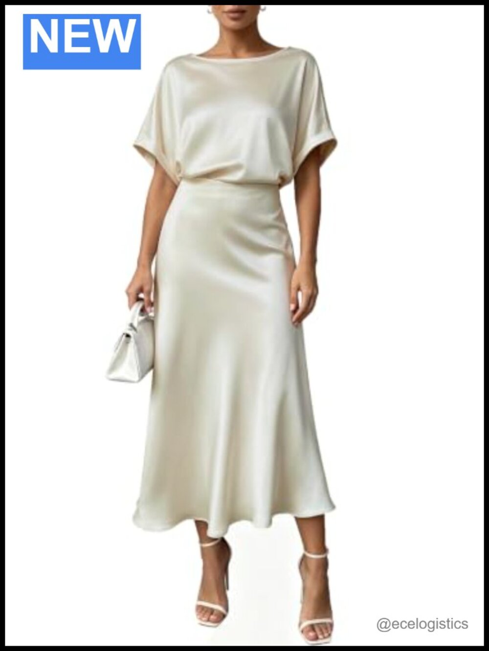 Womens 2 Piece Satin Set Short Sleeve Top Midi Skirt Cocktail Party Formal